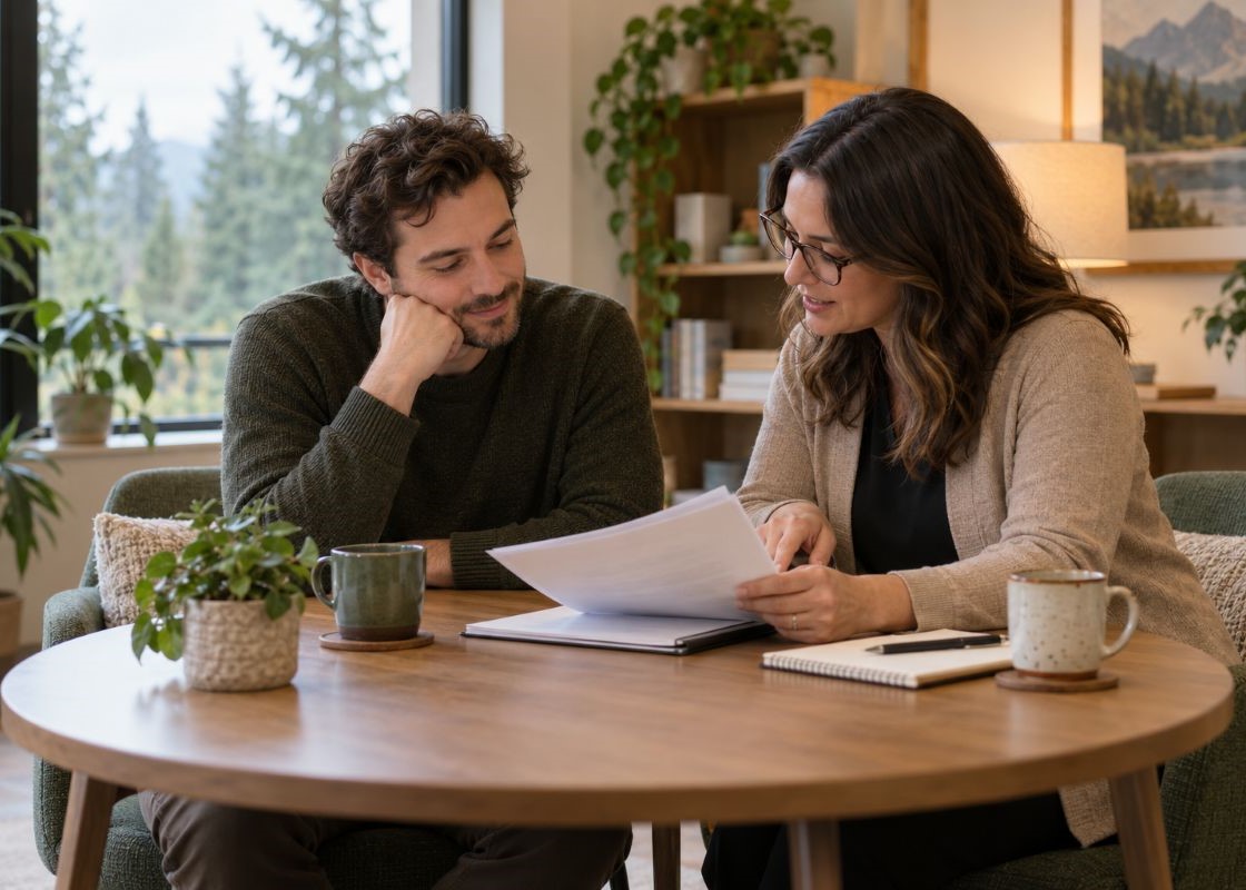 A psychologist reviews evaluation results with an adult client at a table in a bright, plant-filled office.